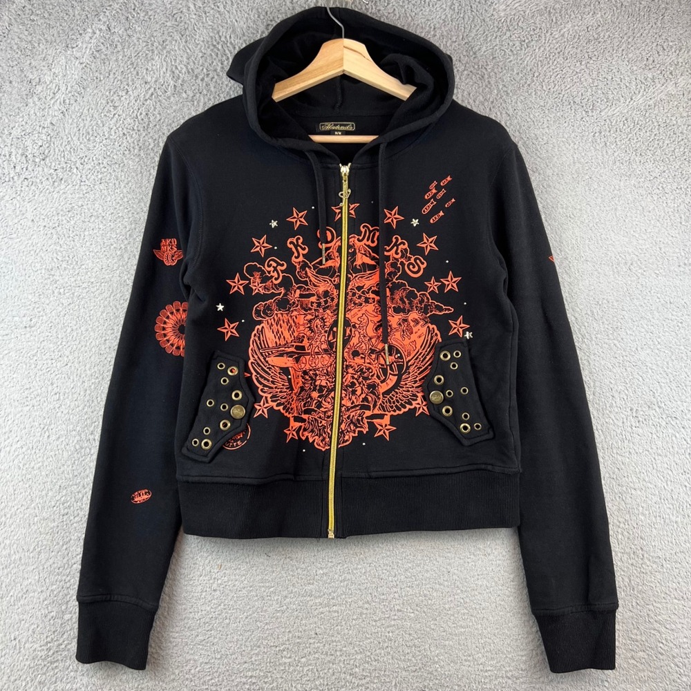 Akademiks‎ Black Orange Graphic Print Zip Up Hoodie Jacket Women's M